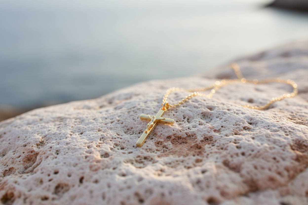 mediterean palette with light, elegant and soft color tone, put only a  gold small jesus cross jewlery on a rock